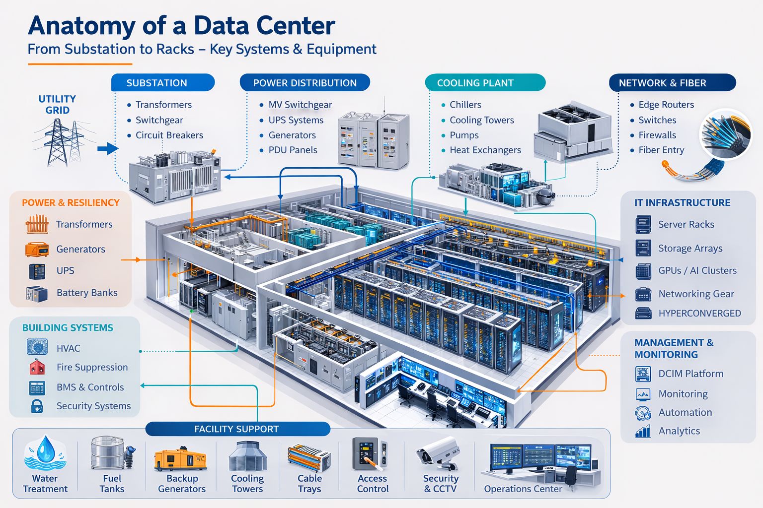 Anatomy of a Data Center — schematic showing substation, power distribution, cooling plant, network and fiber, IT infrastructure, building systems, facility support