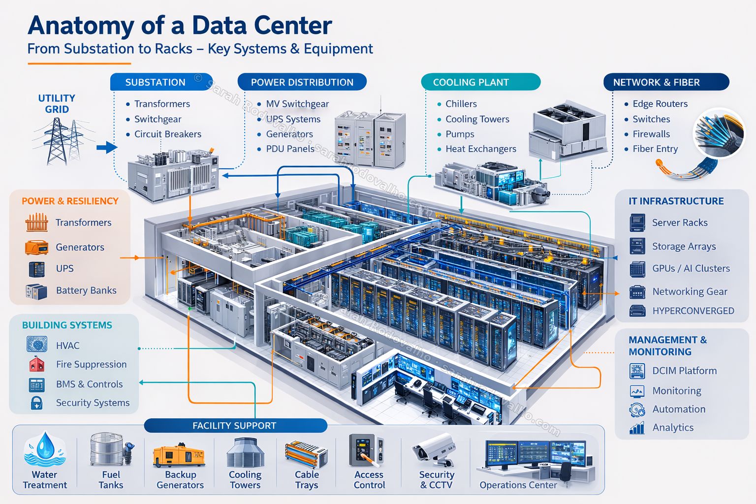Anatomy of a Data Center — schematic showing substation, power distribution, cooling plant, network and fiber, IT infrastructure, building systems, facility support