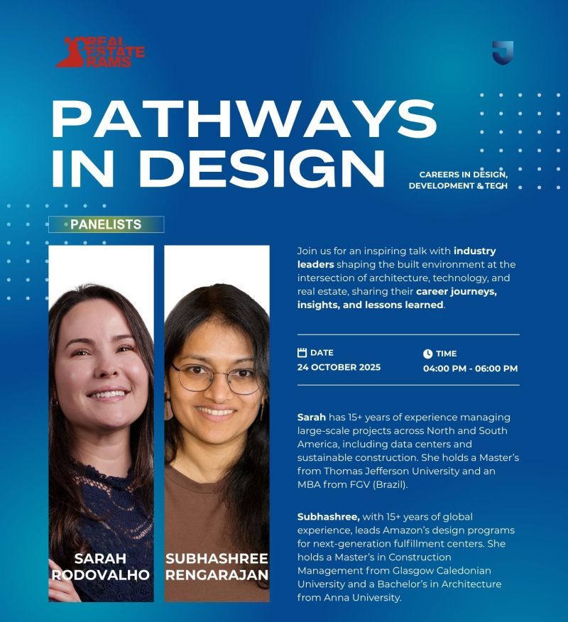 Event flyer for 'Pathways in Design: Careers in Design, Development & Tech', hosted by the Real Estate Rams student organization at Thomas Jefferson University on 24 October 2025 — featuring panelists Sarah Rodovalho and Subhashree Rengarajan (Amazon) with their photos and short bios