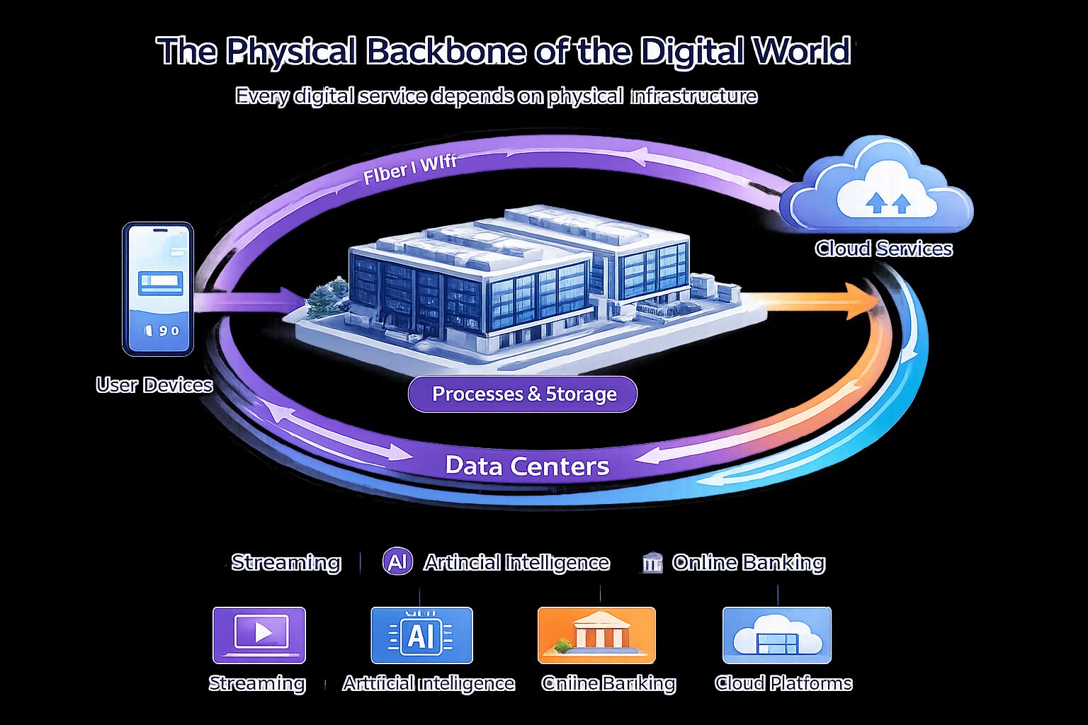 The Physical Backbone of the Digital World — diagram connecting user devices, fiber/Wi-Fi, data centers, and cloud services with streaming, AI, online banking, cloud platforms as use cases
