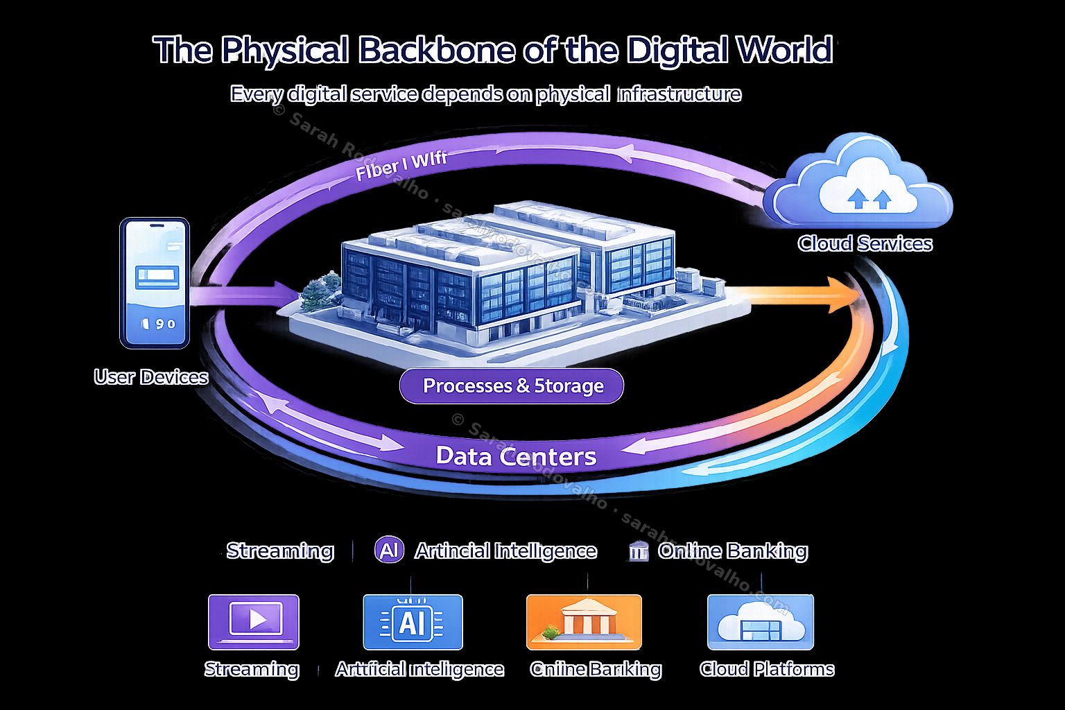 The Physical Backbone of the Digital World — diagram connecting user devices, fiber/Wi-Fi, data centers, and cloud services with streaming, AI, online banking, cloud platforms as use cases